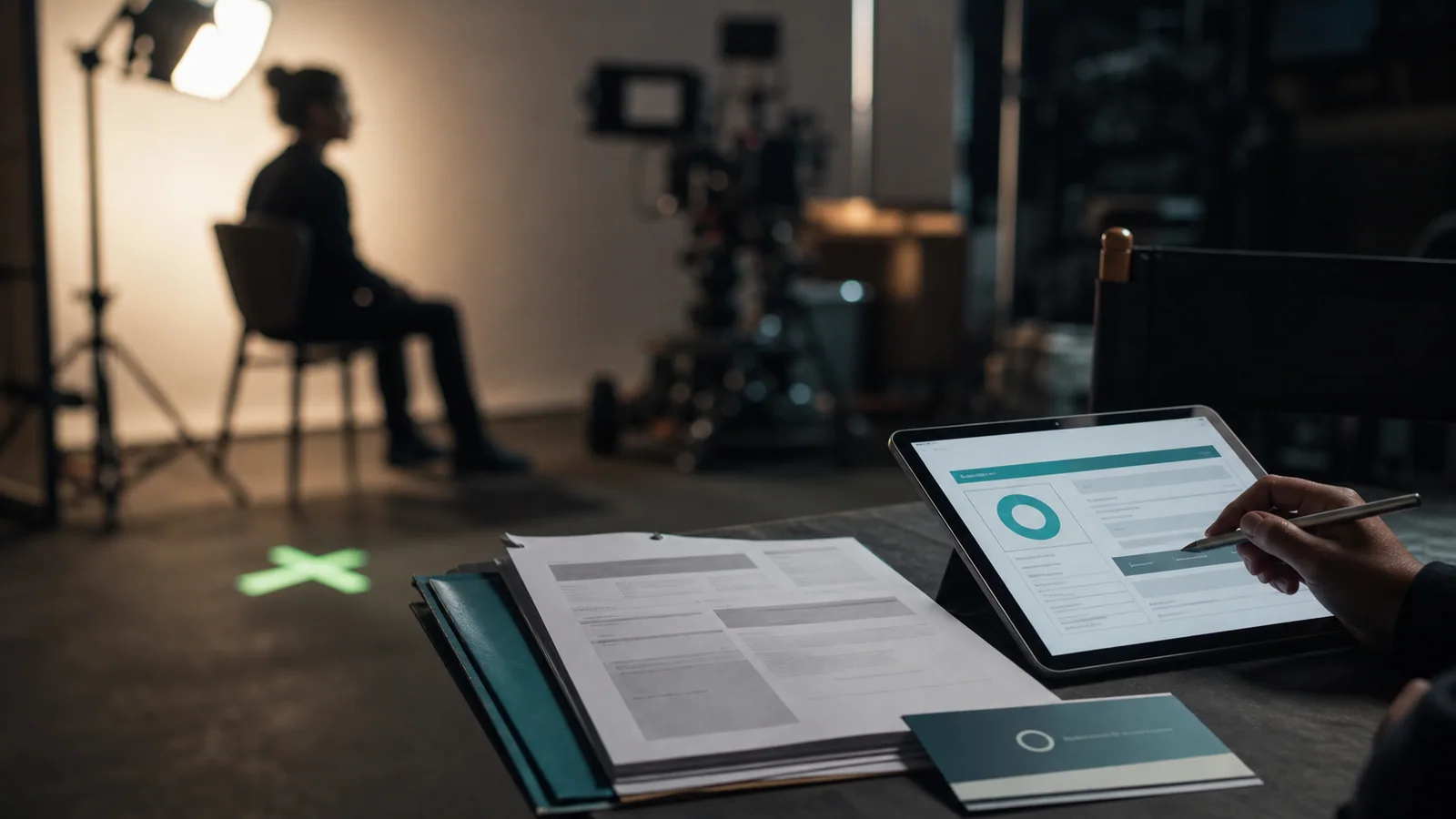 A tablet reviewing performer super details beside production paperwork and a softly lit film set.