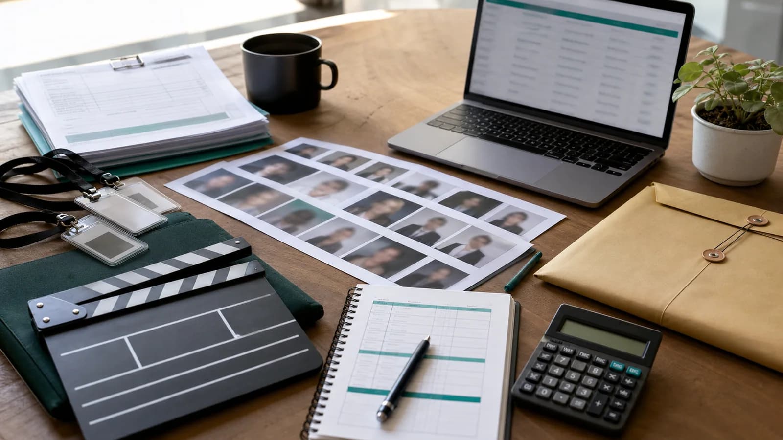 A production payroll table with call sheets, cast references, a laptop, calculator, and clapperboard.