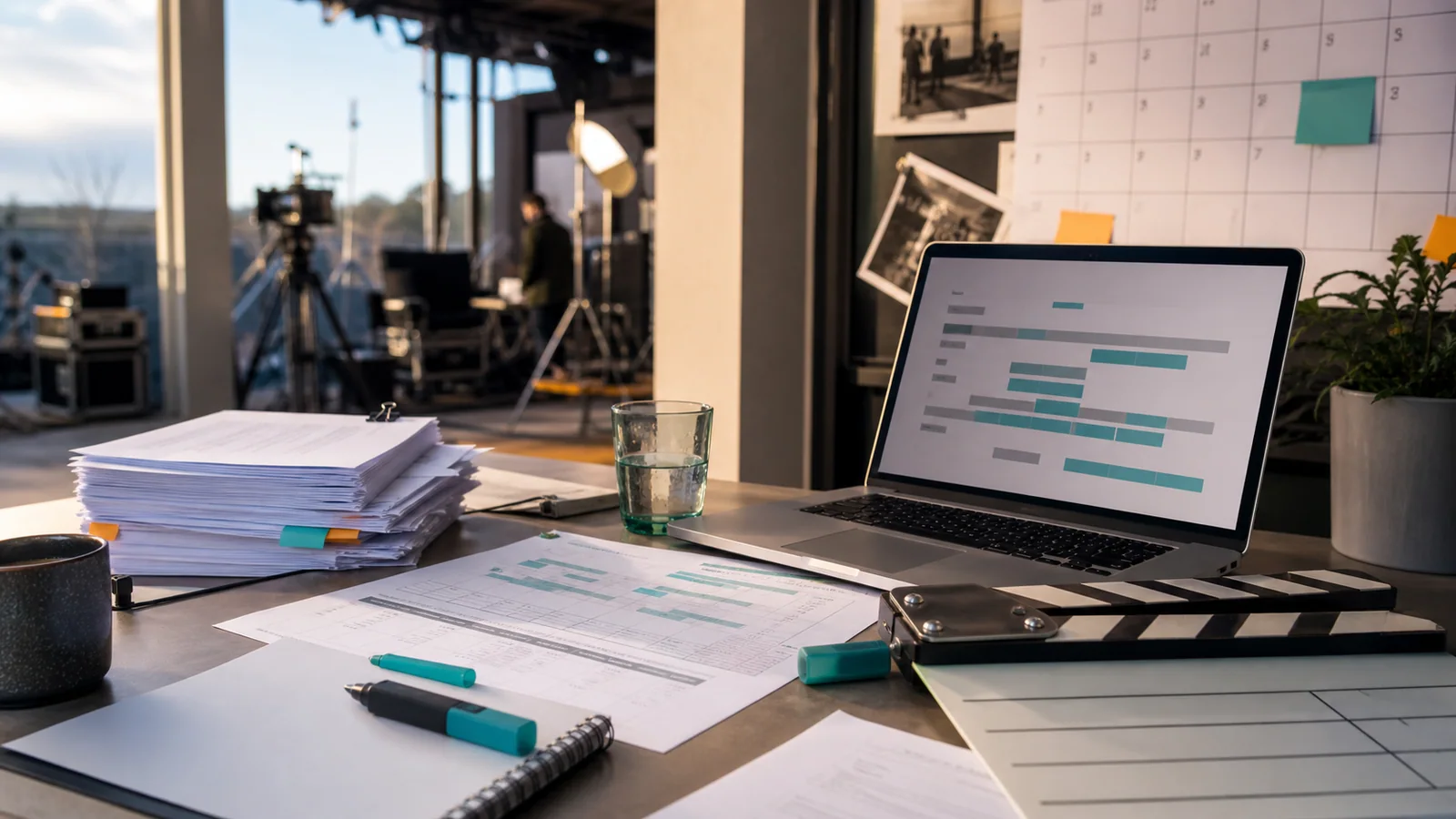 A production-accounting desk with payroll sheets, a laptop, and a film set in the background.