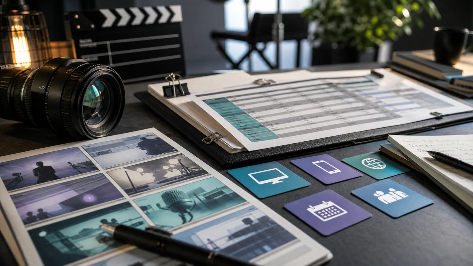 A commercial shoot planning table with a camera lens, storyboard frames, media cards, and a rate sheet.