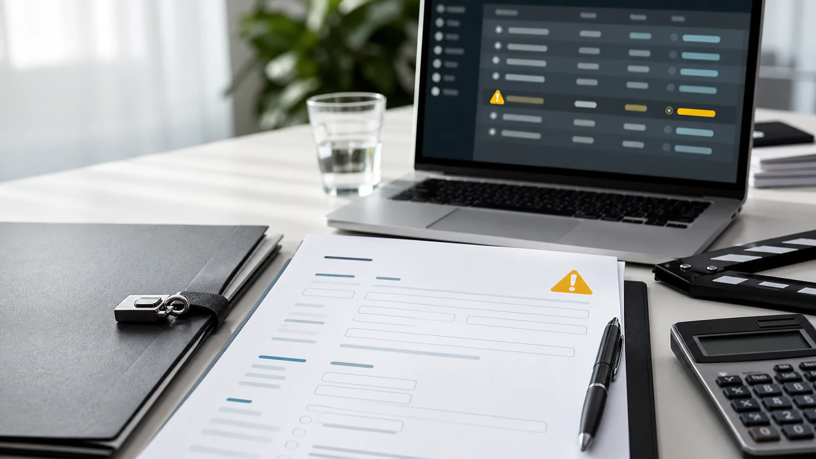 A clean payroll desk with a warning marker on a tax-details form and a laptop in the background.