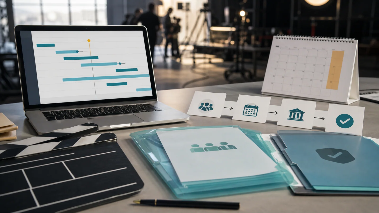 A screen-production payroll workflow with a laptop, calendar, clapperboard, and contribution folders.